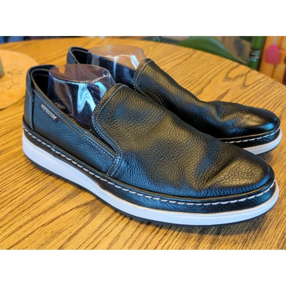 Mephisto Mens 10.5 Black Pebbled Leather Air-Relax Comfort Shoes Sneaker Slip On